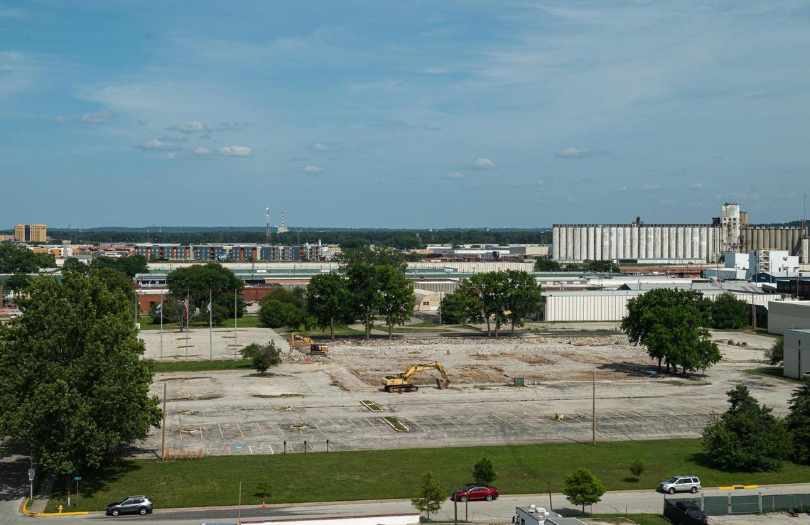 Construction vehicles sit in a torn up parking lot at the proposed site for a Royals baseball stadium in North Kansas City. The site is between 16th and 18th streets and Erie and Howell streets.
