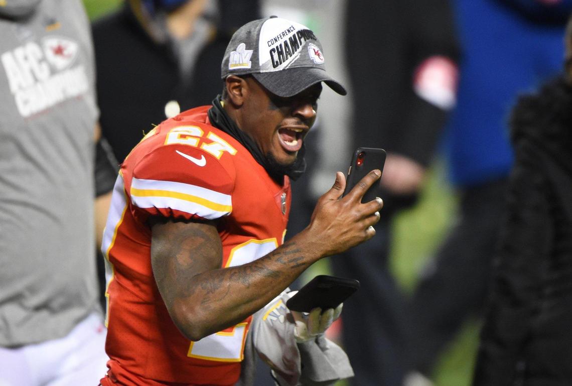 Kansas City Chiefs cornerback Rashad Fenton celebrates and yells into his phone after the Chiefs won the AFC Championship Game, 38-24, over the Buffalo Bills on Sunday, Jan. 24, 2021, at Arrowhead Stadium in Kansas City.