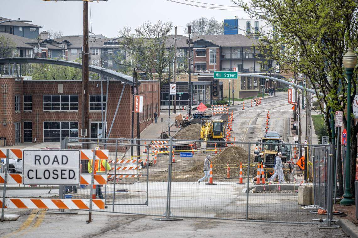 Construction is seen along Westport Road on Friday, April 10, 2026, in Kansas City.