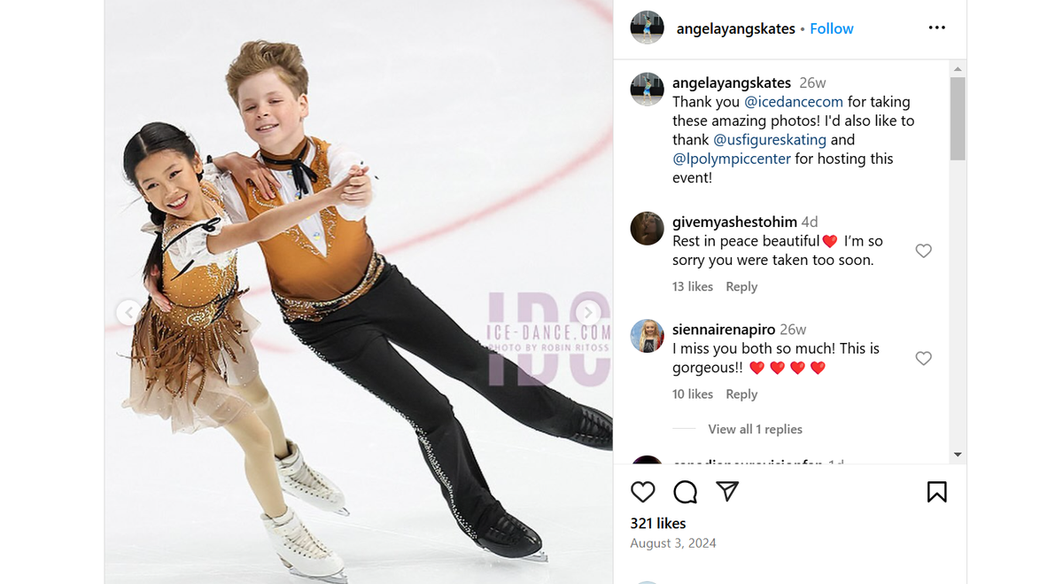 A screenshot of a photo of Angela Yang and Sean Kay skating together, from her Instagram account.