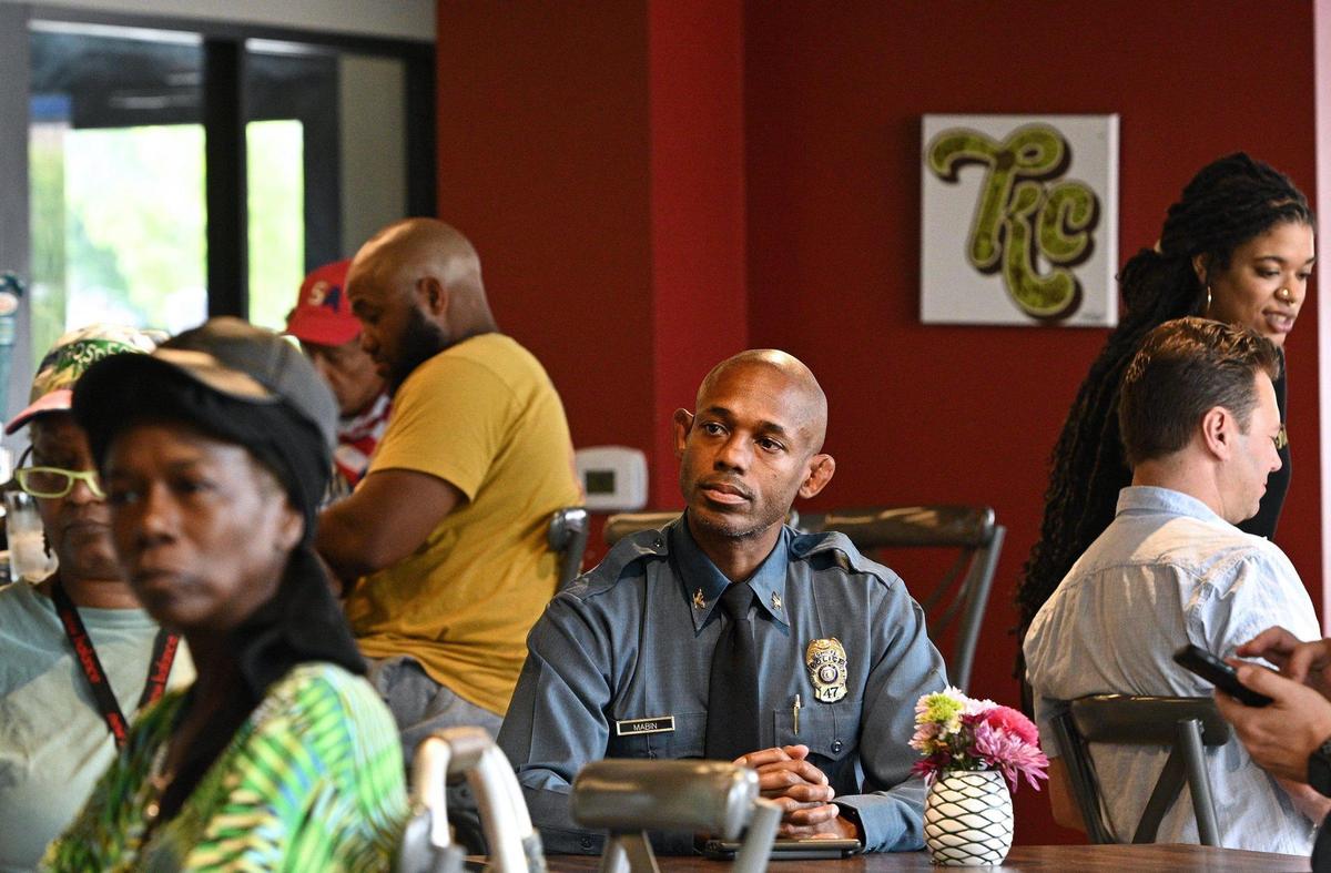 Kansas City Interim Police Chief Joe Mabin listened during Councilman Brandon Ellington’s recent community event.
