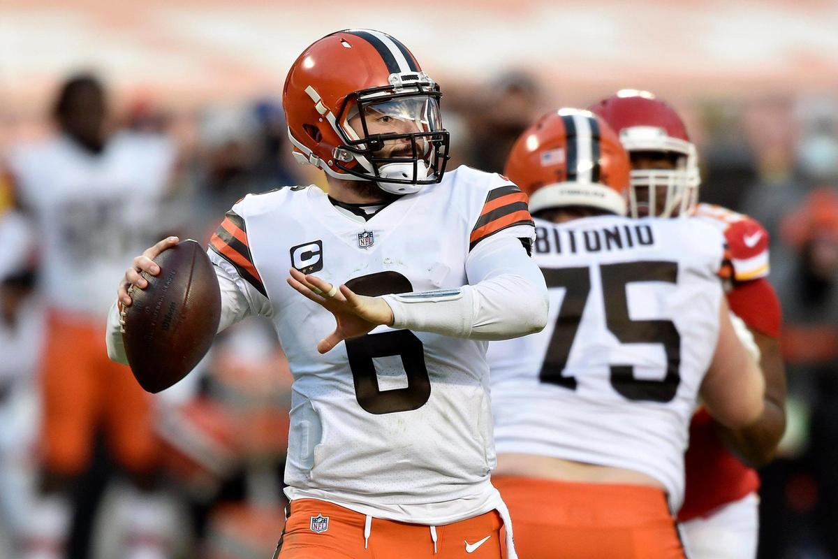 Cleveland Browns quarterback Baker Mayfield looks for a receiver in the fourth quarter of the AFC Divisional Playoff game between the Chiefs and the Cleveland Browns at Arrowhead Stadium Sunday, Jan. 17, 2021. The Chiefs defeated the Browns 22-17.