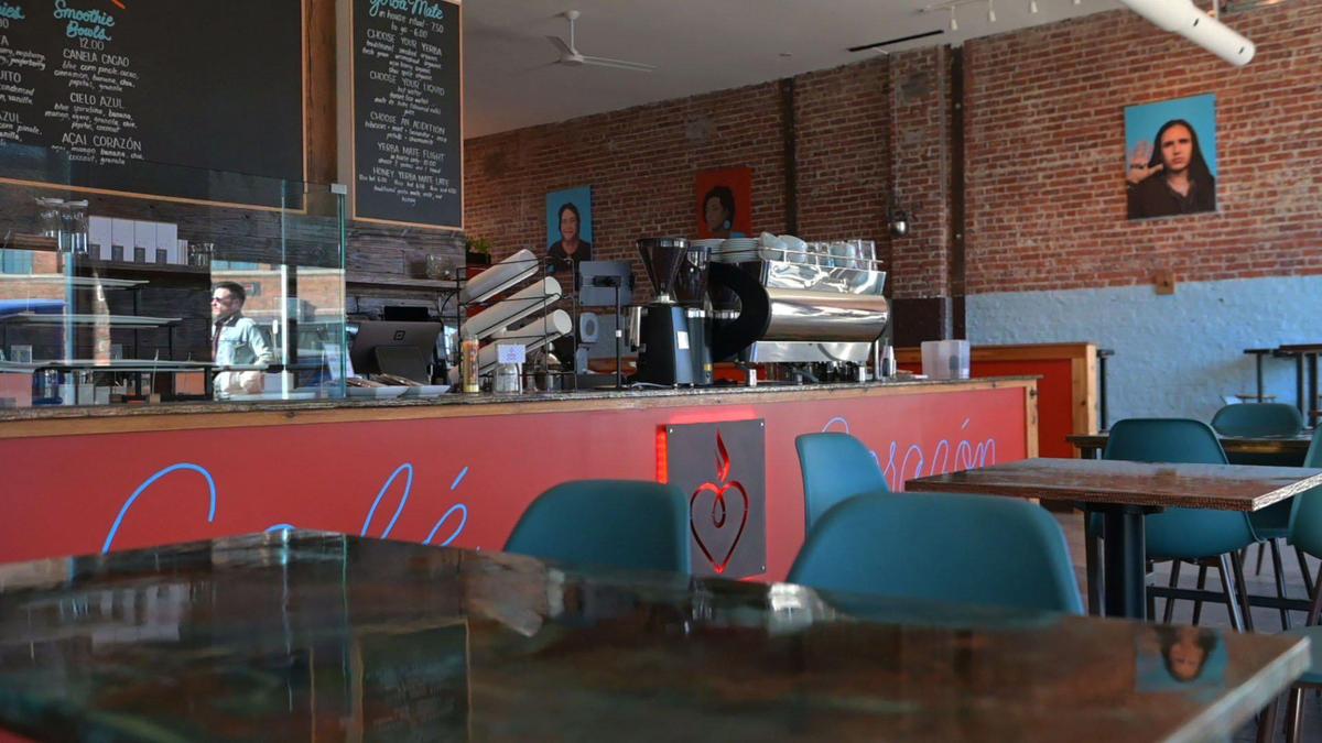 Bright colors showcase the interior of Café Corazón in the Crossroads Arts District.