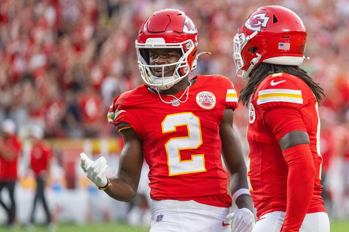 Kansas City Chiefs' Tyquan Thornton (2) celebrates after making a diving catch in the first quarter of the Chiefs preseason game vs. the Chicago Bears at GEHA Field at Arrowhead Stadium on Friday, Aug. 22, 2025, in Kansas City.