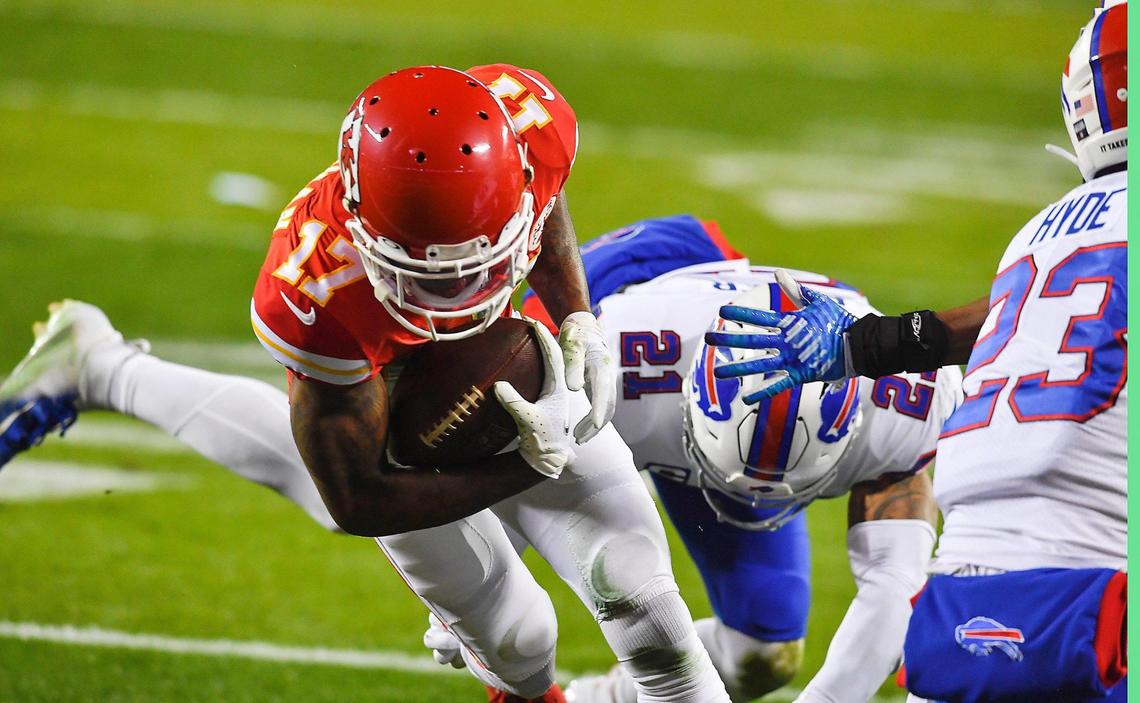 Kansas City Chiefs wide receiver Mecole Hardman stumbles over the goal line for a touchdown in the second quarter after catching a pass from quarterback Patrick MahomesSunday, January 24, 2021, during the AFC Championship Game at Arrowhead Stadium in Kansas City, Missouri.