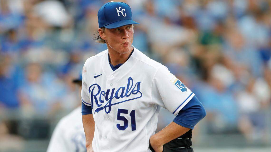 Kansas City Royals pitcher Brady Singer reacts after the Baltimore Orioles scored their sixth run of a baseball game in the third inning at Kauffman Stadium in Kansas City, Mo., Saturday, July 17, 2021.
