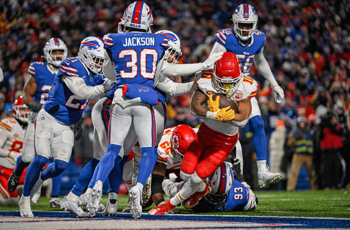Kansas City Chiefs running back Isiah Pacheco (10) runs in a touchdown in the third quarter against the Buffalo Bills Sunday, Jan. 21, 2024, at Highmark Stadium in Orchard Park, New York.