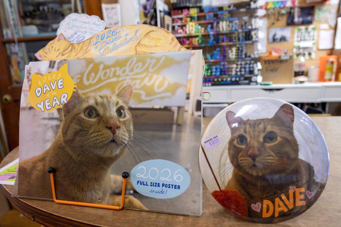 A calendar and a pin featuring Dave, a shop cat, are displayed for sale near the front register at Wonder Fair on Wednesday, Nov. 5, 2025, in Lawrence.