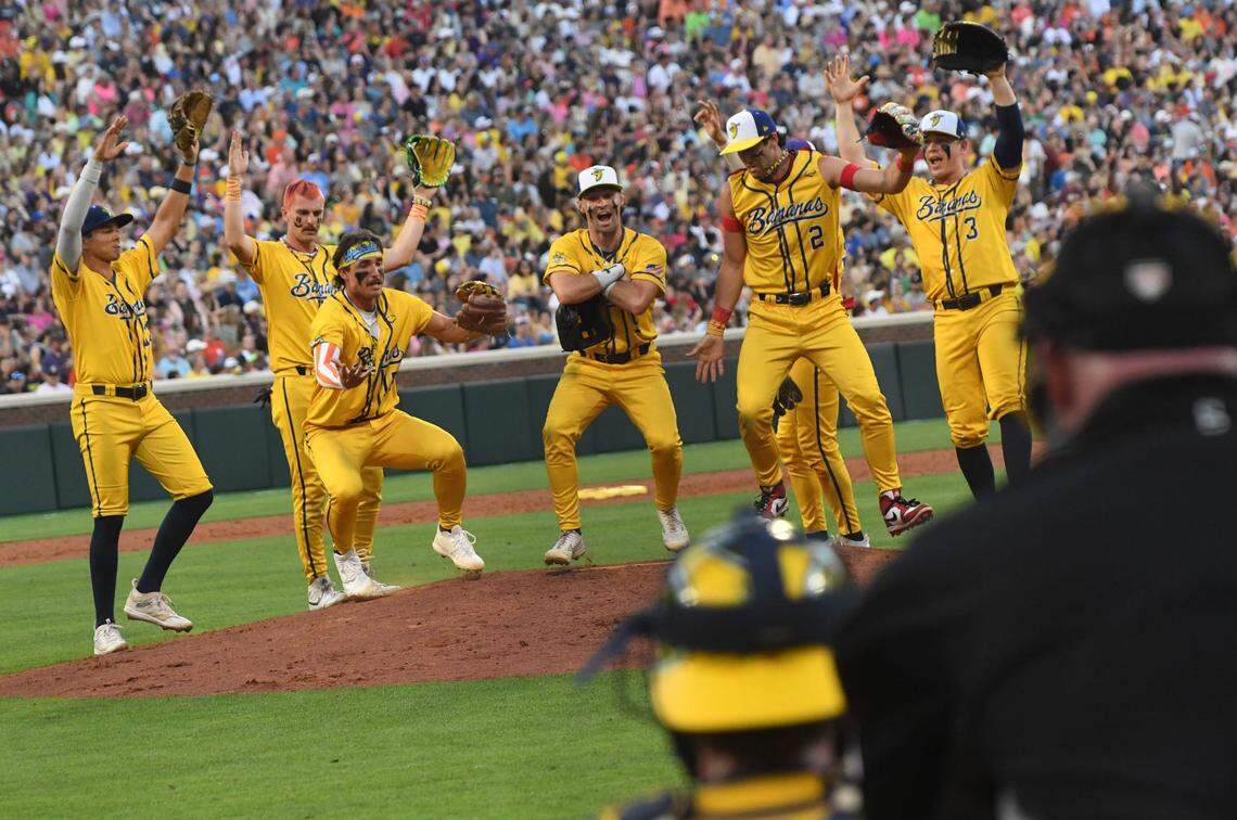 Savannah Bananas players dance on the pitchers mound during a game with the Party Animals at Memorial Stadium in Clemson, S.C., in April.