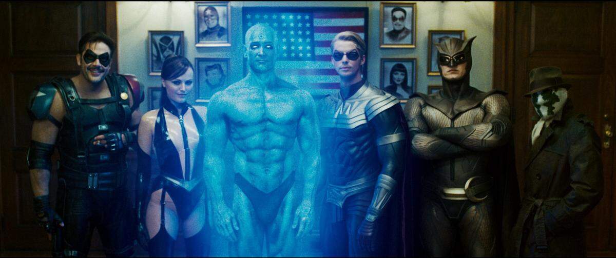 In both the “Watchmen” graphic novel and the 2008 film version, the god-like blue Dr. Manhattan (played by Billy Crudup) sometimes covers his private parts, and sometimes does not.