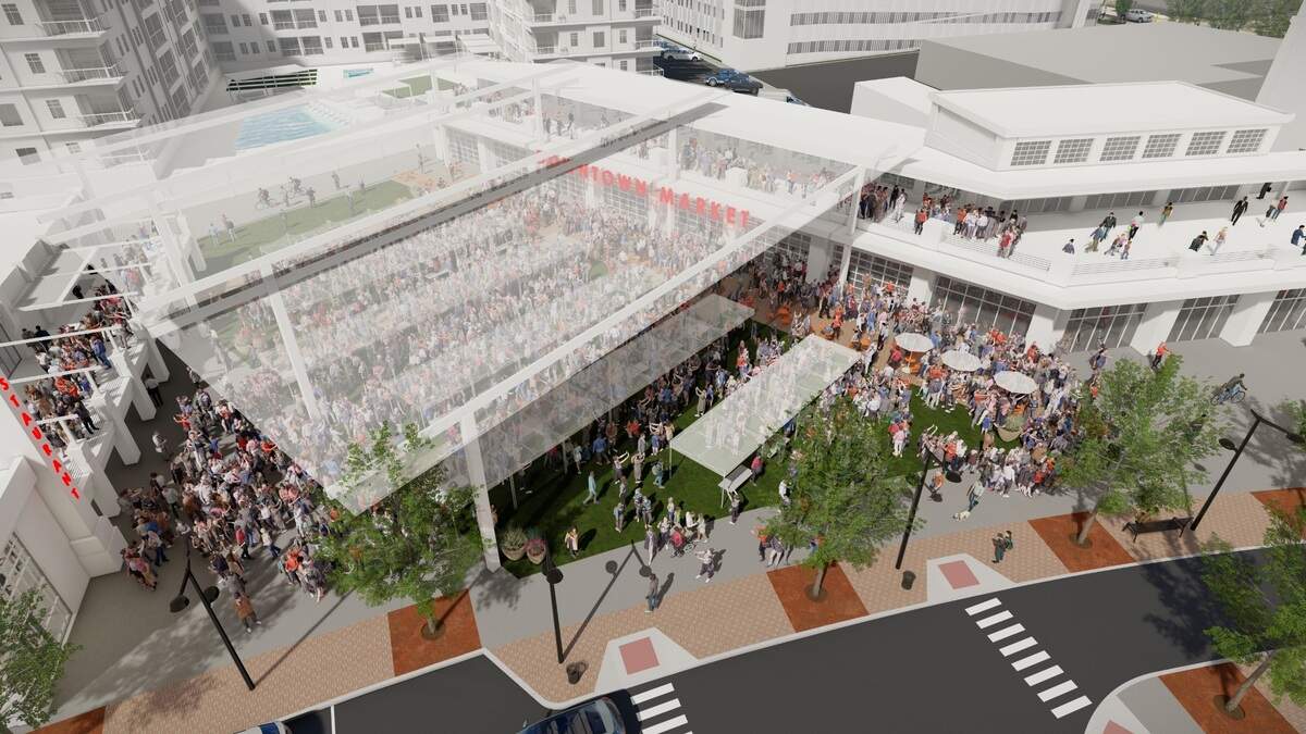 The Downtown Market Plaza, to be located near Southeast Green and Southeast Third streets, will have a three-season market pavilion, a conservatory/meeting flex space and an outdoor performance space among other businesses and amenities.