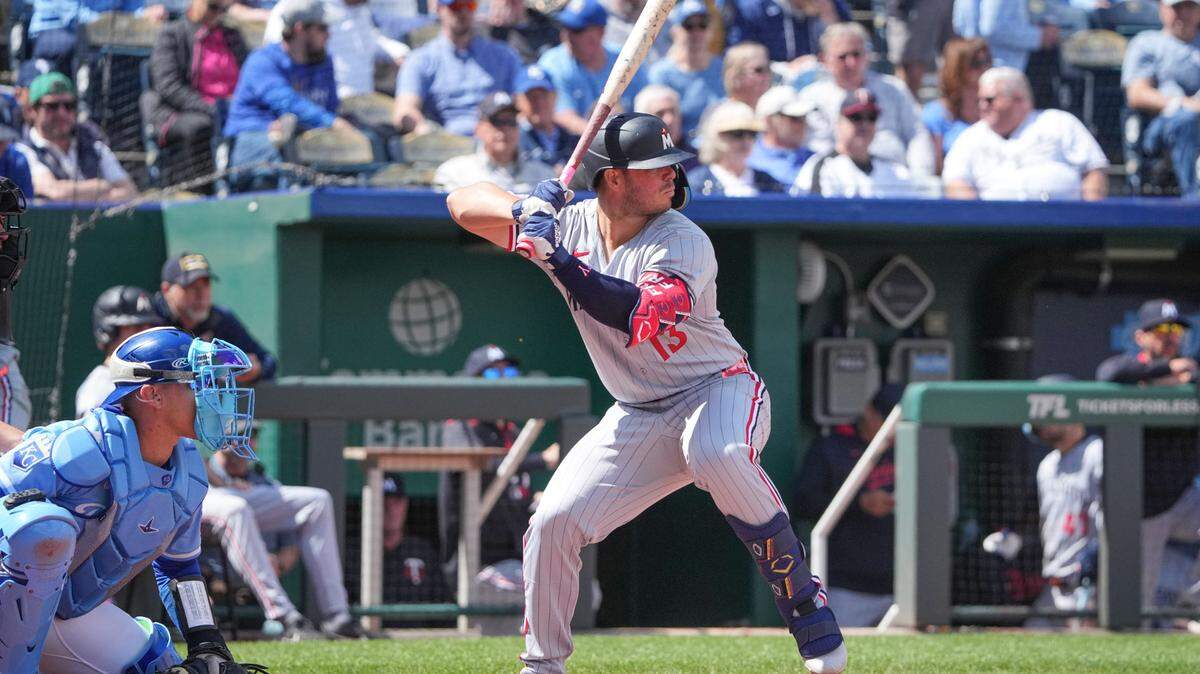 Minnesota Twins first base Ty France (13) at bat against the Kansas City Royals during a game last week at Kauffman Stadium.