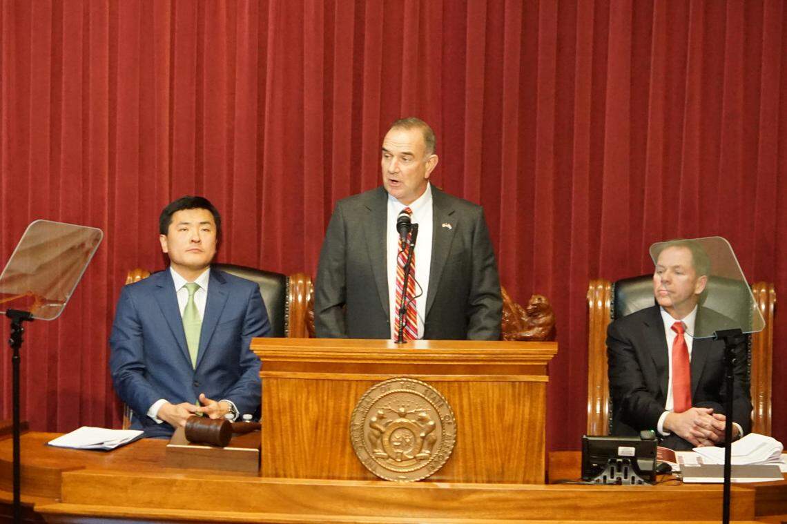 Missouri Gov. Mike Kehoe speaks at first State of the State address on Tuesday, Jan. 28, 2024. Kehoe is asking lawmakers to approve $40.5 million for Kansas City’s World Cup efforts.