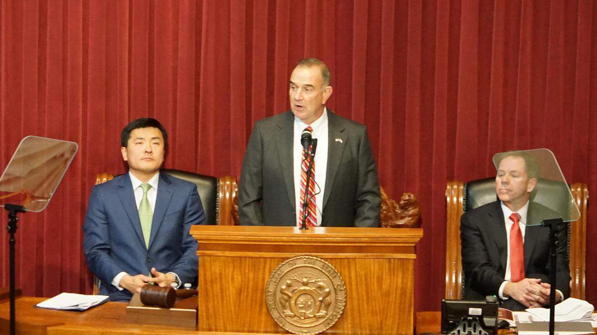 Missouri Gov. Mike Kehoe speaks at first State of the State address on Tuesday, Jan. 28, 2024. Kehoe is asking lawmakers to approve $40.5 million for Kansas City’s World Cup efforts.