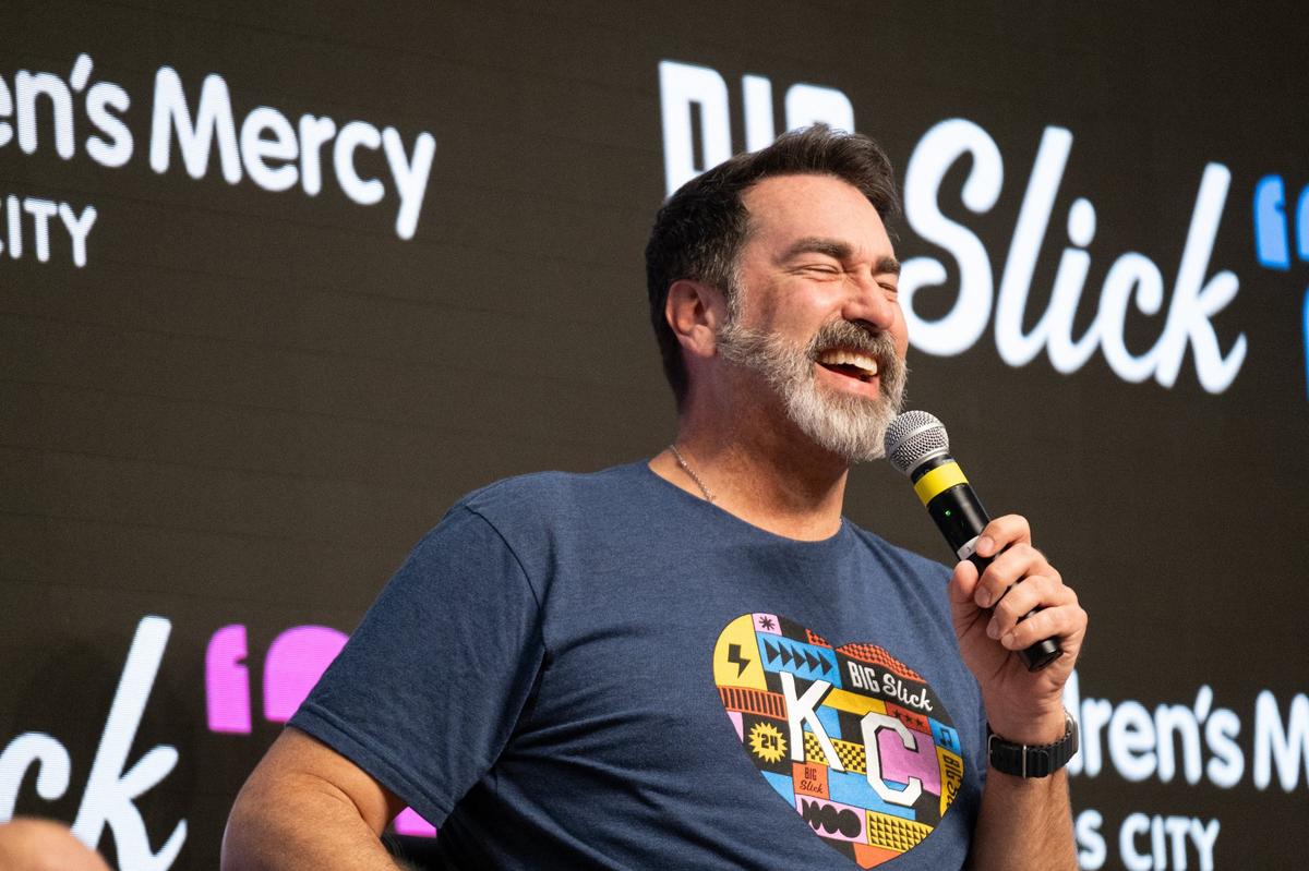 Co-host Rob Riggle cracked up during the Big Slick press conference Friday at Children’s Mercy Research Institute.