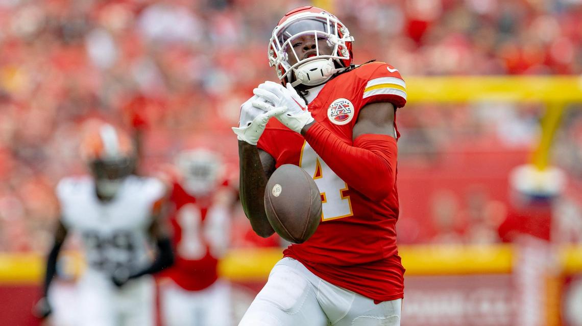 Kansas City Chiefs wide receiver Rashee Rice drops a pass from Blaine Gabbert during Saturday’s NFL preseason game against the Cleveland Browns at GEHA Field at Arrowhead Stadium.