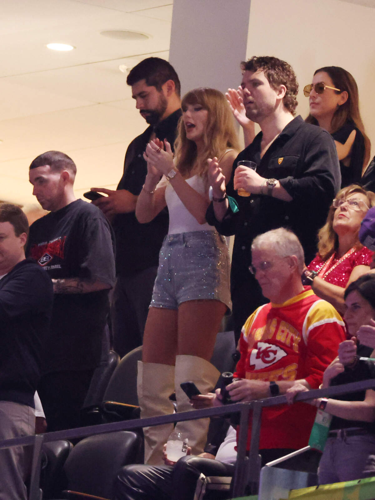 Feb 9, 2025; New Orleans, LA, USA; Recording artist Taylor Swift in attendance in Super Bowl LIX between the Philadelphia Eagles and the Kansas City Chiefs at Ceasars Superdome. Mandatory Credit: Stephen Lew-Imagn Images