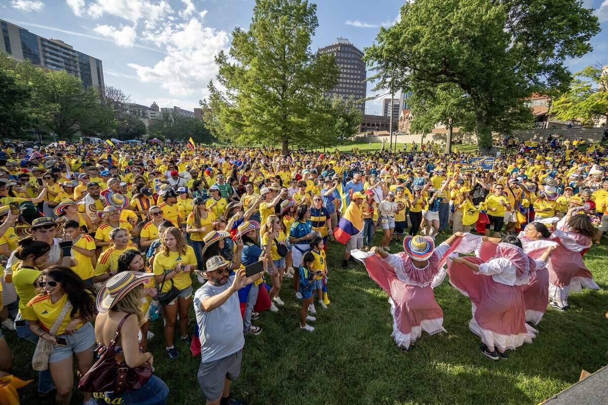 People gather at Mill Creek Park for a Colombia banderazo on Thursday, July 2, 2026, in Kansas City.
