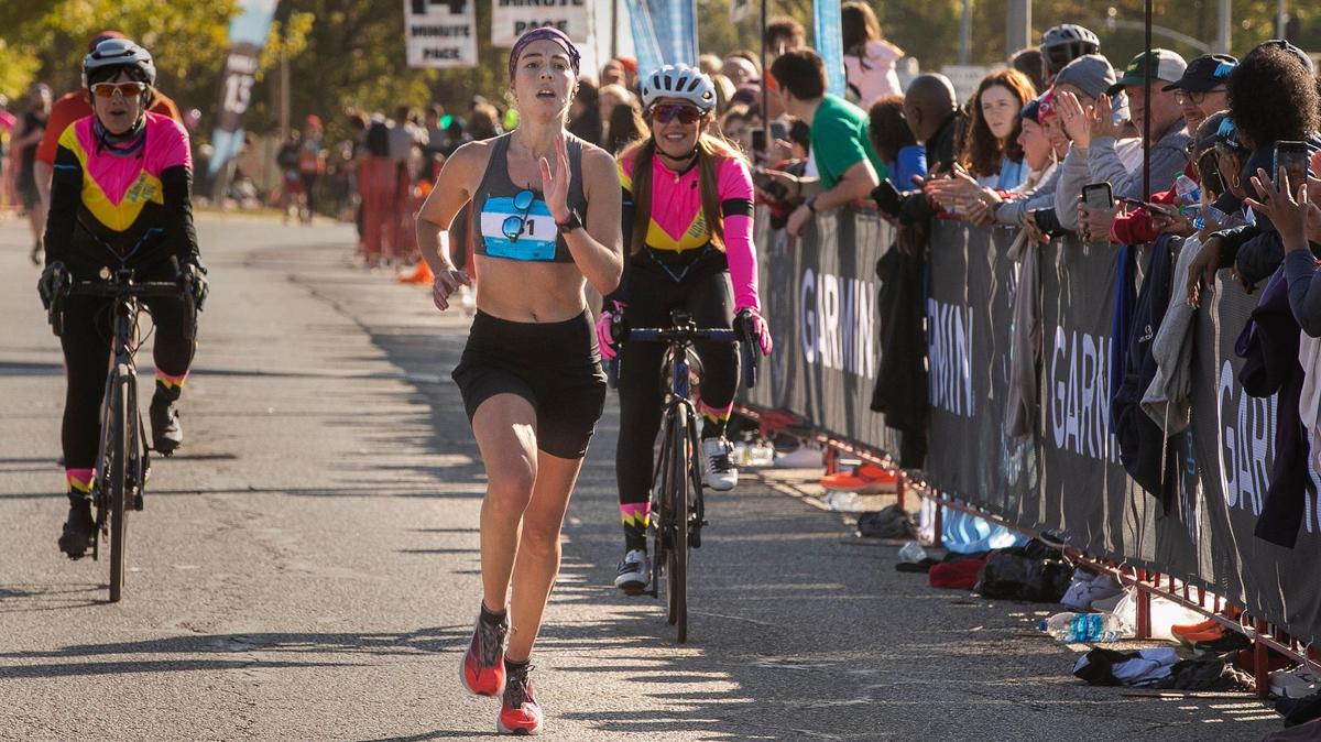 Kaitlyn Shea of Kansas City, the women’s winner of the Garmin Kansas City Marathon, nears the finish line Saturday, October 15, 2022.