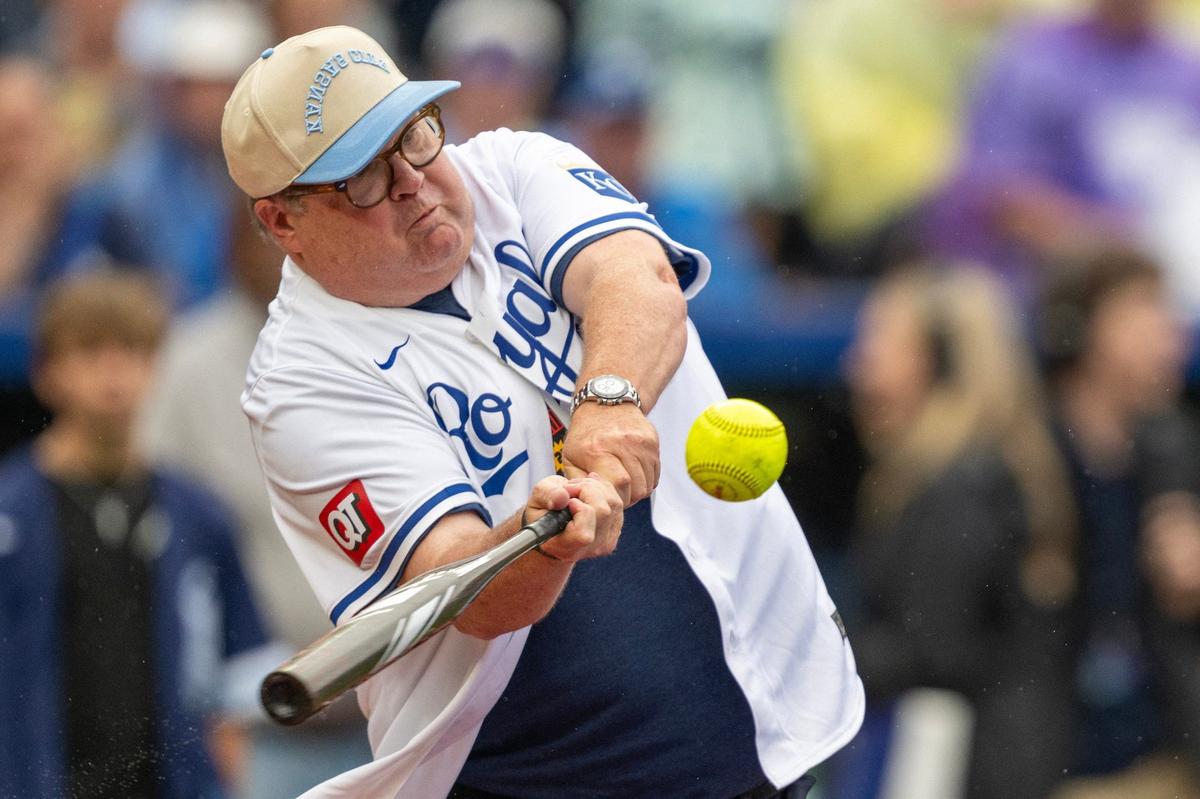 Actor Eric Stonestreet takes a swing during the Big Slick celebrity softball game at Kauffman Stadium on Friday, May 31, 2024, in Kansas City.
