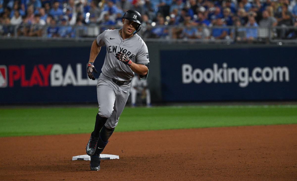 New York Yankees designated hitter Giancarlo Stanton (27) rounds the bases after hitting a home run off of Kansas City Royals pitcher Kris Bubic in the eighth inning during Game 3 of the American League Division Series on Wednesday, Oct. 9, 2024, at Kauffman Stadium.