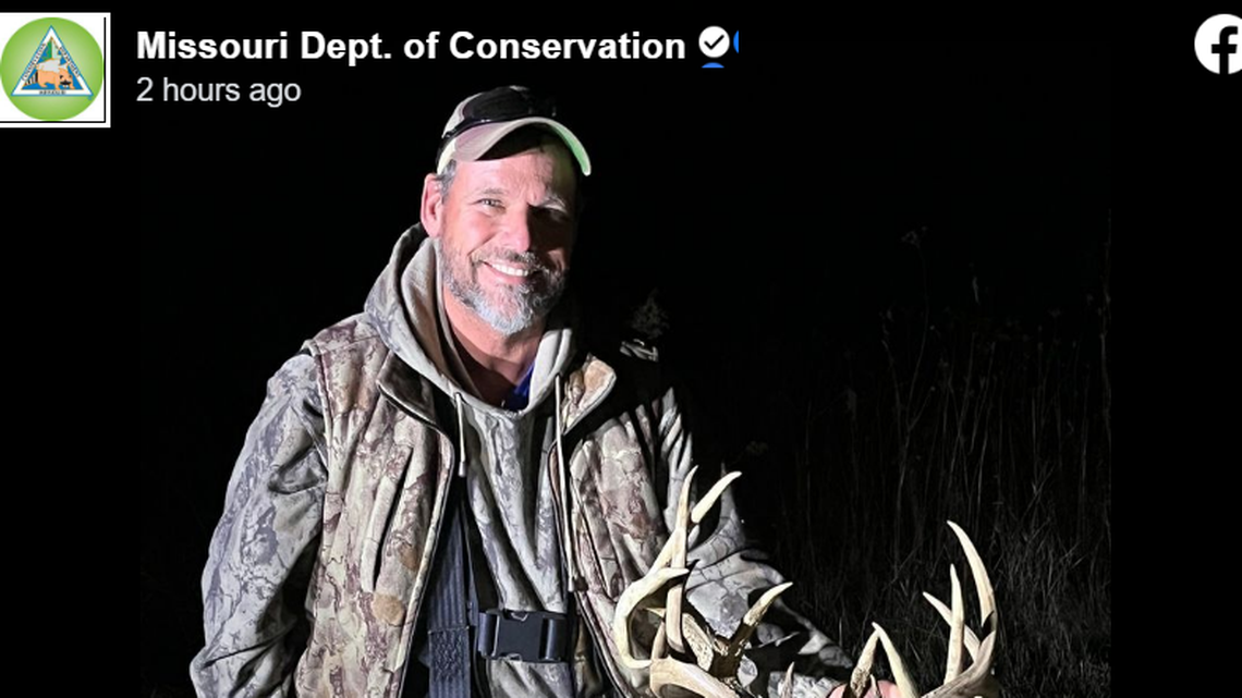 Bowhunter Mike Lewis hunted a deer with an extra set of antlers locked in its rack, officials said.