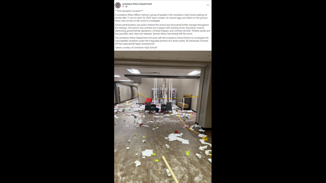 Arkansas police said they found eggs and debris throughout a local high school as part of a senior prank.