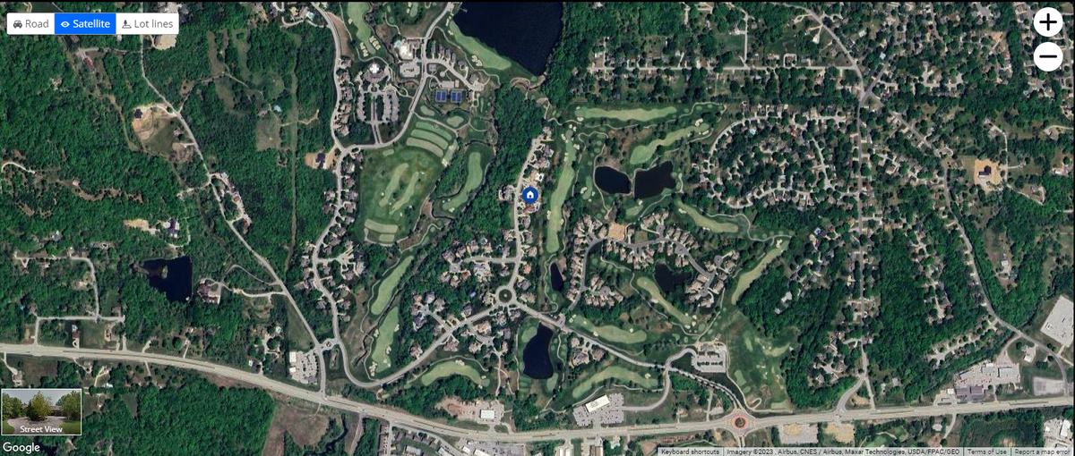 A satellite view of 6521 Ridge Road in Parkville. Surrounding the home is The National Golf Club Golf Course, designed by Kansas City native and retired PGA tour golfer Tom Watson.