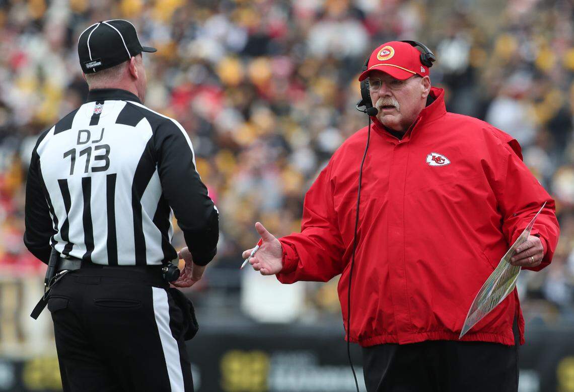 Kansas City Chiefs coach Andy Reid gestures to official Danny Short after an excessive celebration penalty on receiver Xavier Worthy during an NFL Week 17 game against the Steelers at Acrisure Stadium in Pittsburgh, Pennsylvania on Wednesday, Dec 25, 2024.