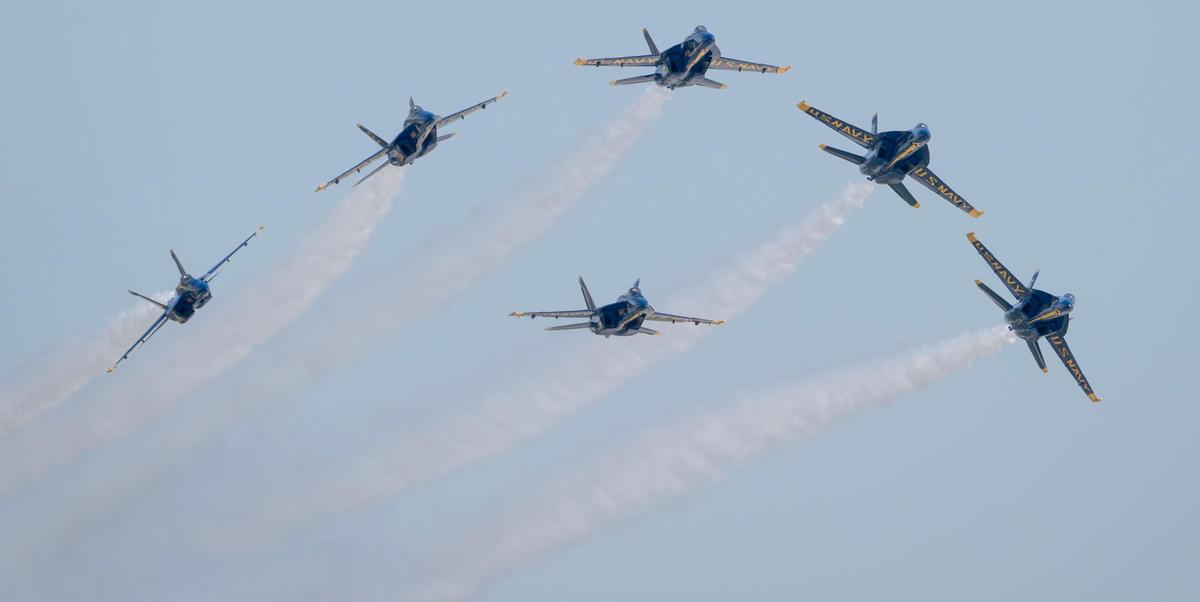 The U.S. Navy Blue Angels fly during the Garmin KC Air Show on Saturday, Aug. 19, 2023, in New Century.