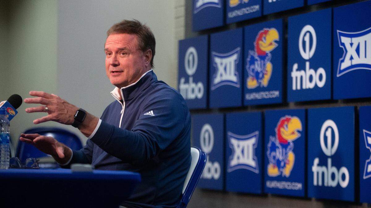 Kansas coach Bill Self answers questions in a press conference during media day before the 2022-23 season at Allen Fieldhouse.