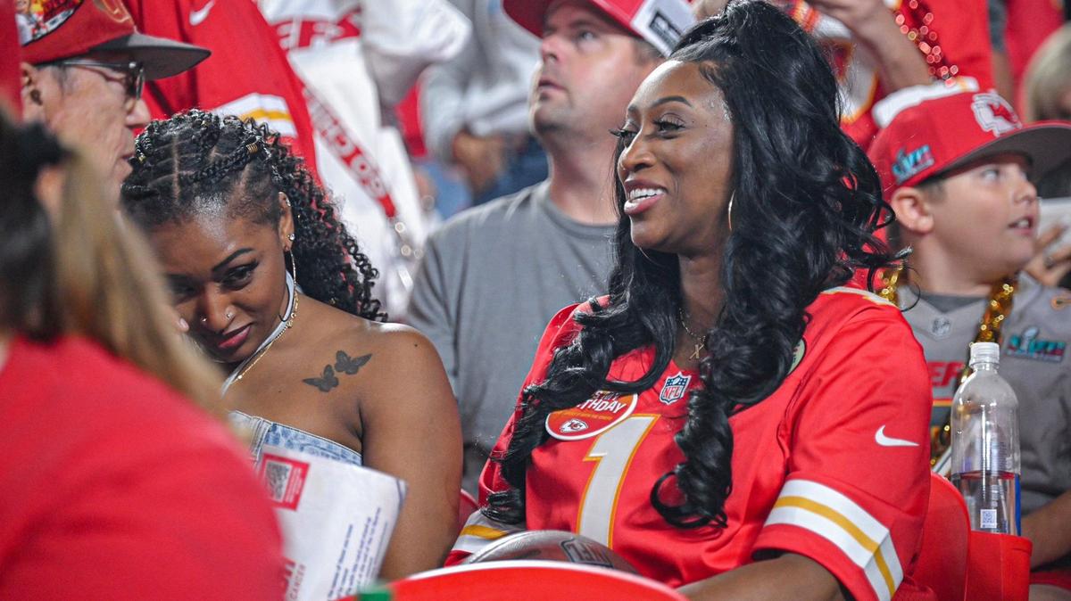 Kansas City Chiefs wide receiver Xavier Worthy’s mother Nicky Jones holds onto the football that Worthy handed to her after making a fourth quarter touchdown against the New Orleans Saints on Monday, Oct. 7, 2024, at GEHA Field at Arrowhead Stadium.