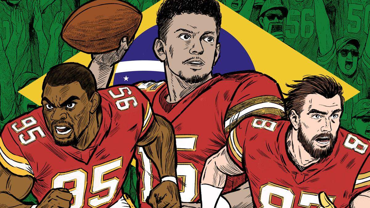 Image of Patrick Mahomes, Chris Jones and Travis Kelce for a poster promoting the Chiefs-Chargers game in Brazil.