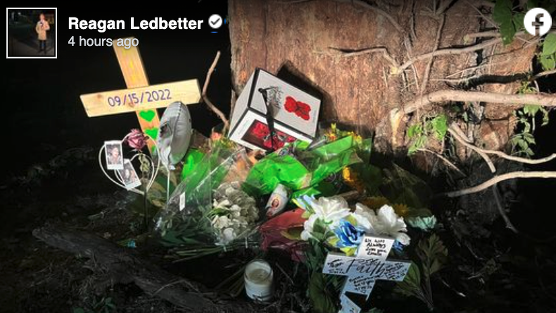 A roadside memorial was set up to honor three high schoolers killed in a crash on Thursday, Sept. 15, in Sand Springs, Oklahoma.