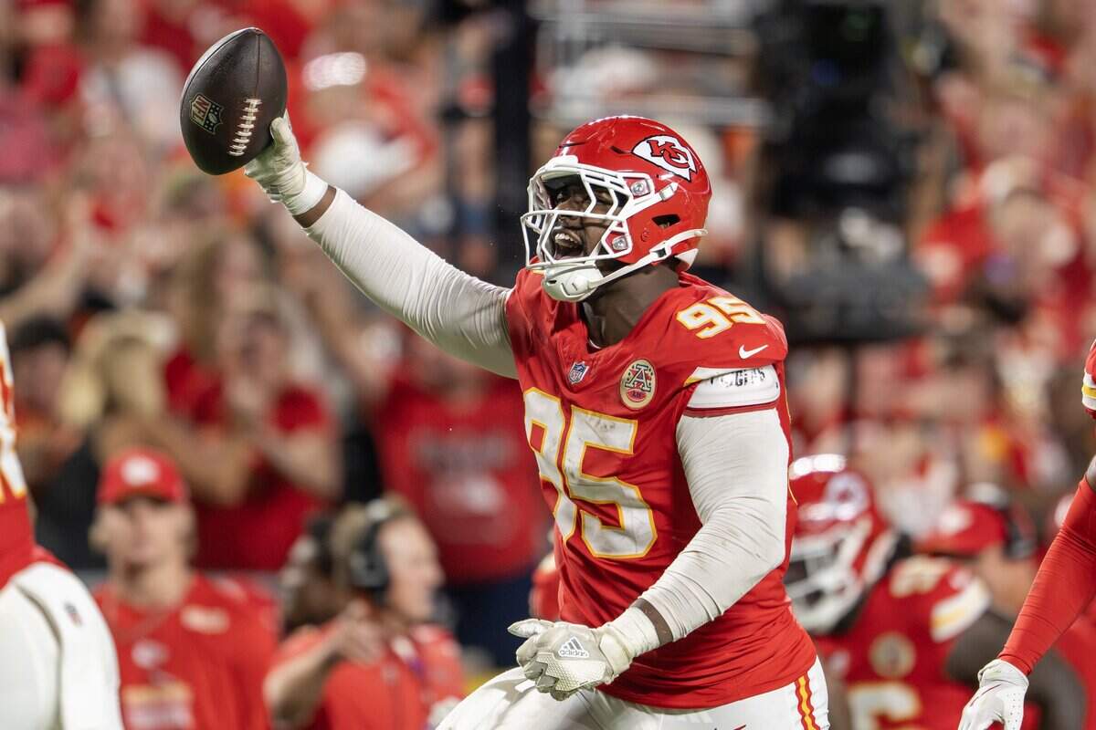 Kansas City Chiefs defensive end Chris Jones (95) celebrates a sack in the third quarter during the season opener against the Denver Broncos at Arrowhead Stadium on Monday, Sept. 14, 2026, in Kansas City.