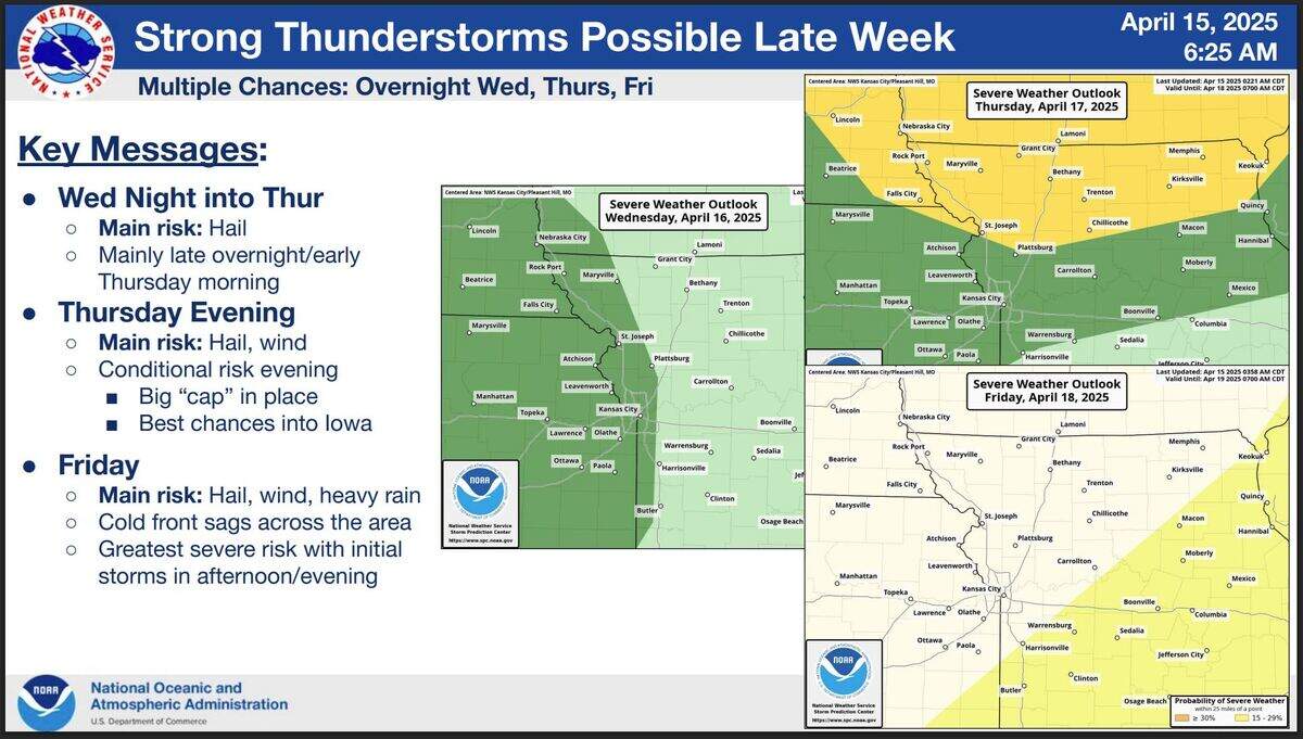There will be multiple chances for strong to severe thunderstorms in the Kansas City area later this week, the National Weather Service said. Storms are possible overnight Wednesday, Thursday evening and Friday.