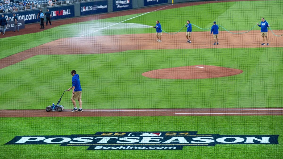 The postseason logo was on the field before Game 3 of the American League Division Series on Wednesday, Oct. 9, 2024, at Kauffman Stadium in Kansas City.
