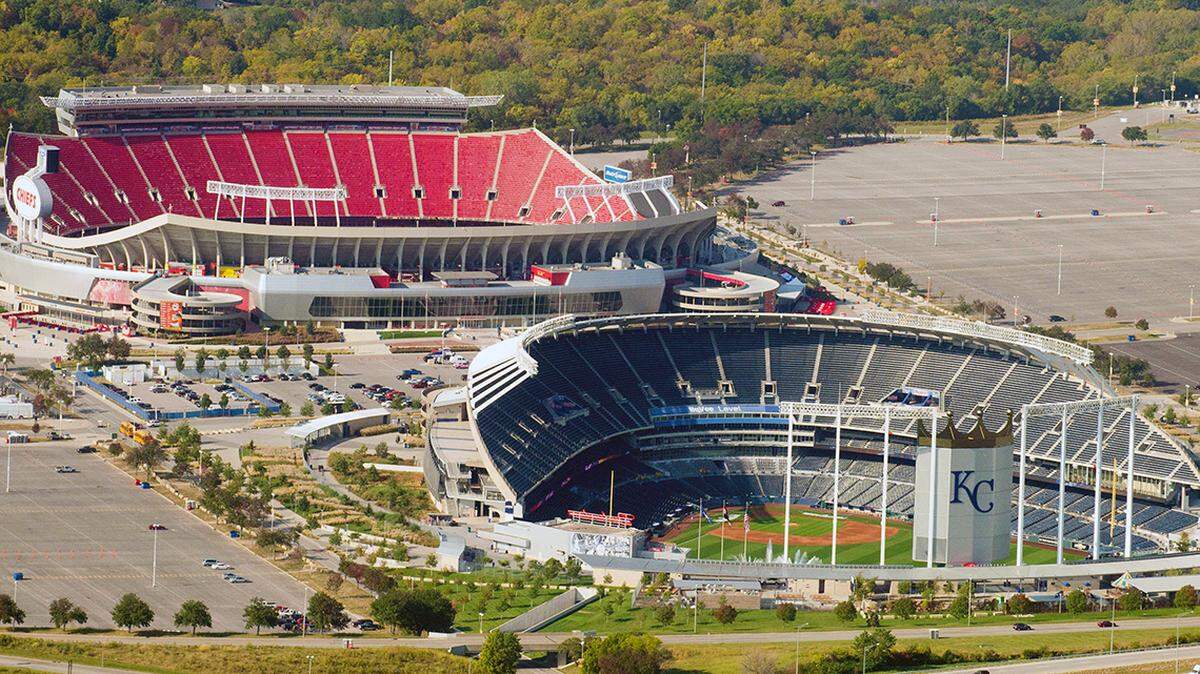 Sep 29, 2014; Kansas City, MO, USA; A general aerial view of Kauffman Stadium and Arrowhead Stadium before the game between the Kansas City Chiefs and New England Patriots at Arrowhead Stadium. Mandatory Credit: Denny Medley-USA TODAY Sports