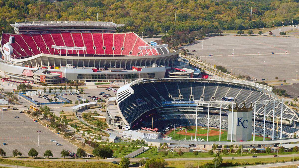 Sep 29, 2014; Kansas City, MO, USA; A general aerial view of Kauffman Stadium and Arrowhead Stadium before the game between the Kansas City Chiefs and New England Patriots at Arrowhead Stadium. Mandatory Credit: Denny Medley-USA TODAY Sports