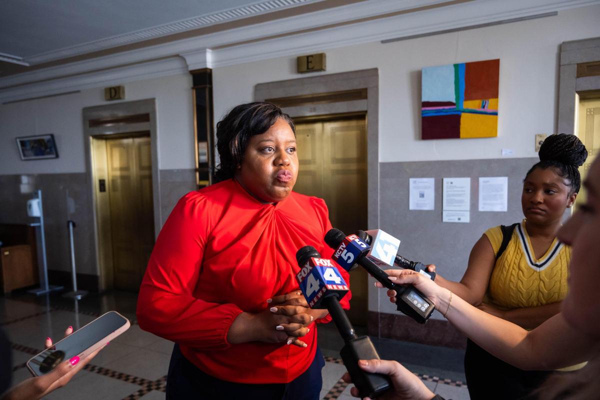 3rd Dist. Councilwoman Melissa Robinson speaks to media at City Hall on Tuesday, May 6, 2025 following the city’s vote to hold on the renaming of Troost Avenue. Robinson was in support of the renaming.