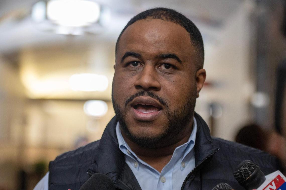 DaRon McGee, 4th District Legislator, speaks to reporters after a Jackson County Legislature meeting at the Jackson County Courthouse on Monday, Jan. 8, 2024, in Kansas City. The meeting centered around discussions about a new Royals stadium, including funding for both the new stadium and renovations at Arrowhead Stadium.