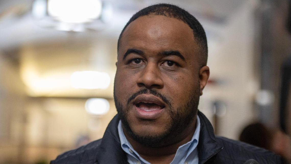 DaRon McGee, 4th District Legislator, speaks to reporters after a Jackson County Legislature meeting at the Jackson County Courthouse on Monday, Jan. 8, 2024, in Kansas City. The meeting centered around discussions about a new Royals stadium, including funding for both the new stadium and renovations at Arrowhead Stadium.