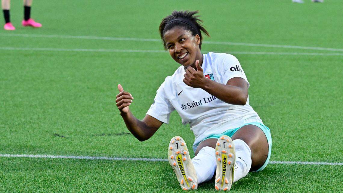 Kansas City Current defender Elizabeth Ball (7) reacts during the second half against Portland Thorns FC at Providence Park on July 1, 2023.