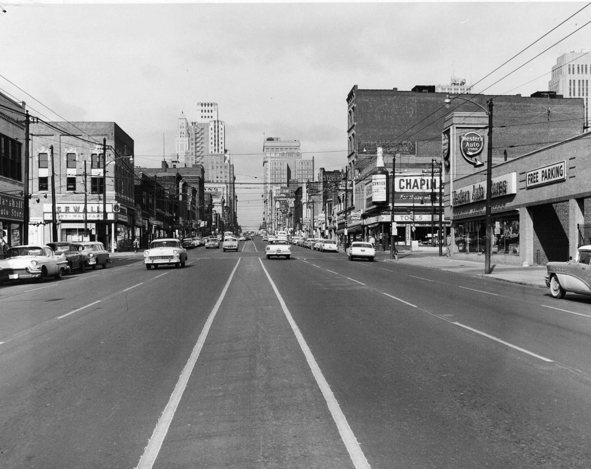 By November of 1957 the rails of the streetcar had been paved over on Grand Boulevard.