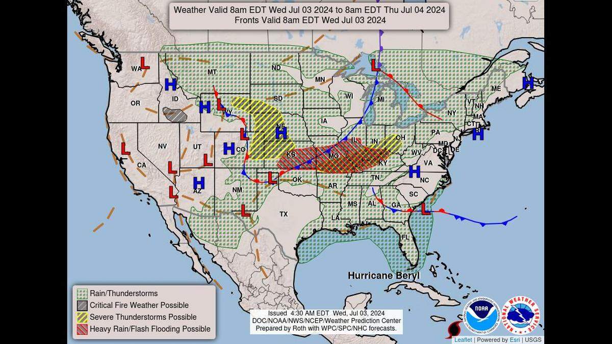 Rounds of rain is expected in the Kansas City area the next couple of days as thunderstorms sweep across the region, the National Weather Service said. Severe weather will be more likely the afternoon and evening of Independence Day.