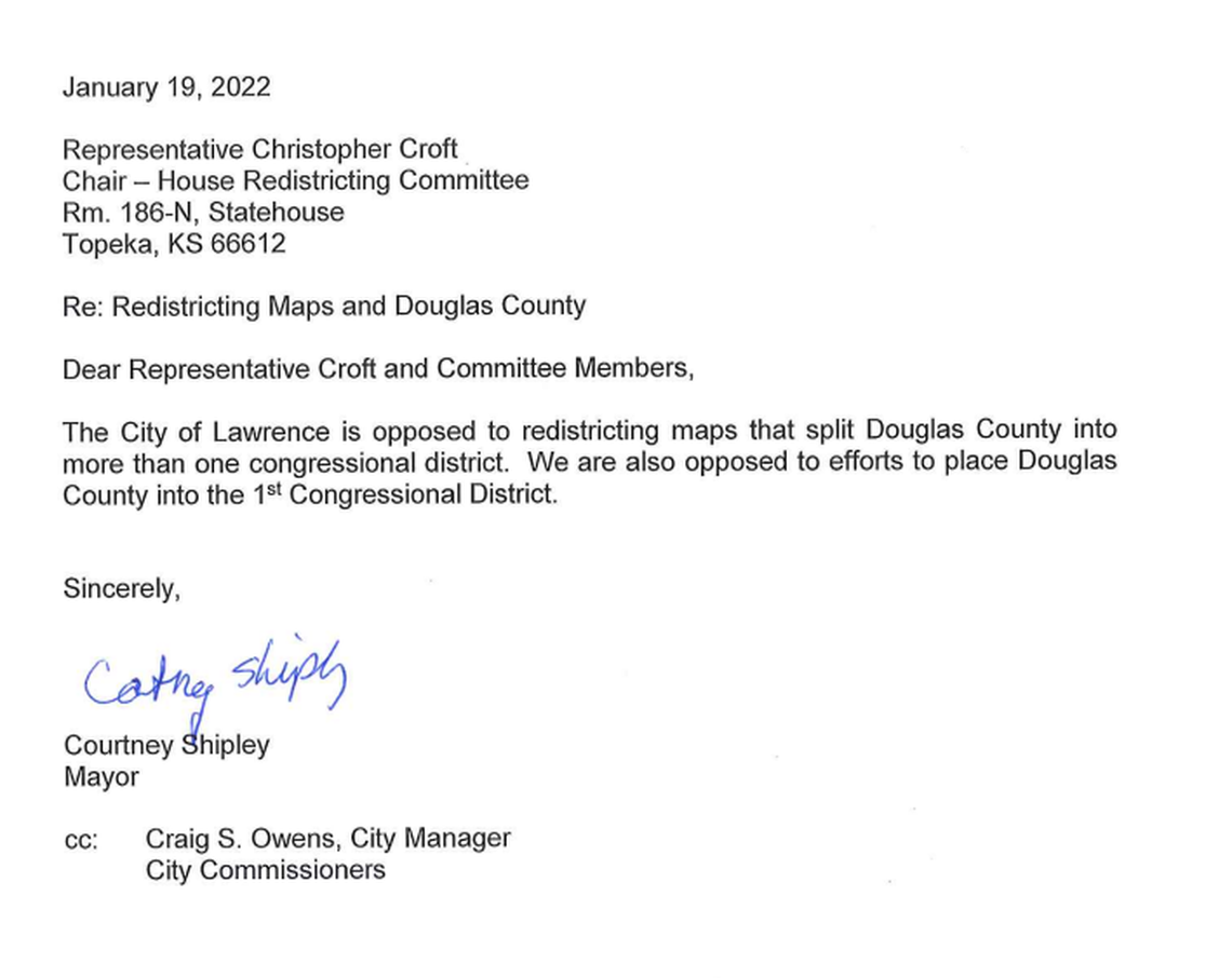 Lawrence Mayor Courtney Shipley opposes the current Republican-led congressional redistricting map, which would place the city into the 1st congressional district, which includes western Kansas.