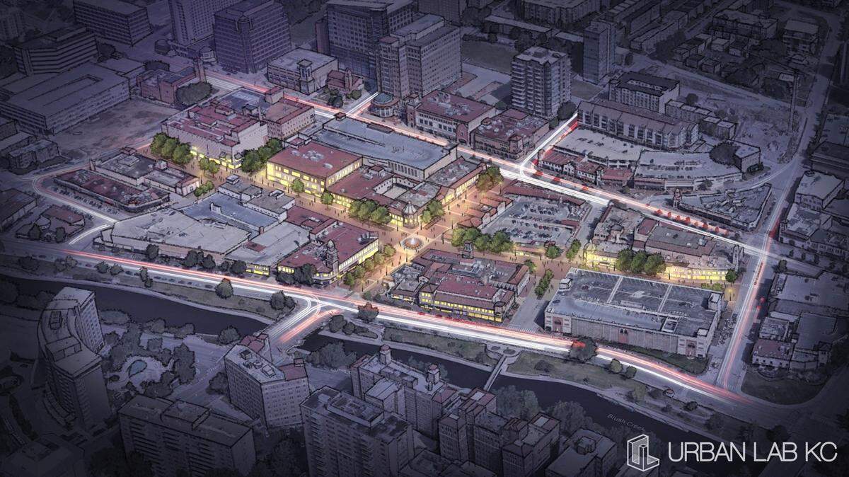 A rendering of Kansas City’s Country Club Plaza shopping district envisions making the streets more pedestrian-friendly. The concept was prepared by Urban Lab KC.
