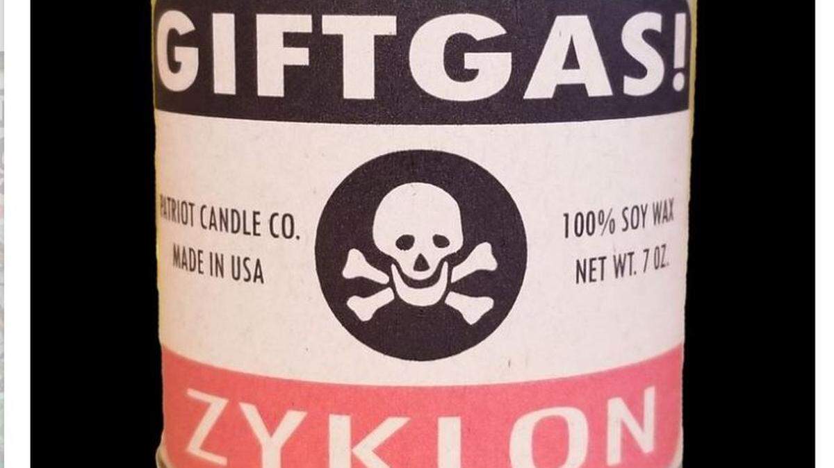 Small-business owner Justin Bale is under fire for making several antisemitic and threatening posts online, including this photo of a candle. Its label says “giftgas,” German for poison gas, and mentions Zyklon B — the gas Nazis used in concentration camps.