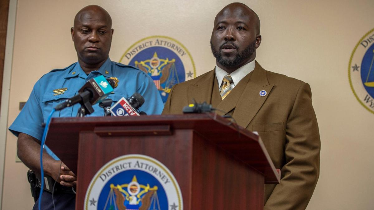 Kansas City, Kansas Police Chief Karl Oakman, left, and District Attorney Mark Dupree speak at a news conference on Thursday, Sep. 8, 2022. They announced that Kansas City, Kansas police officer Deotis Brown had been charged with five felonies related to two domestic violence incidents.