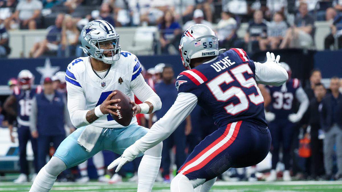 Dallas Cowboys quarterback Dak Prescott (4) looks to throw as New England Patriots linebacker Josh Uche (55) defends during a 2023 game.